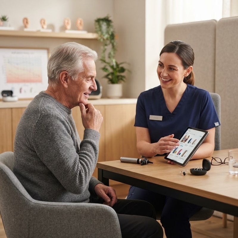 Hearing care professional reviewing hearing aid options with a patient in Edmonton